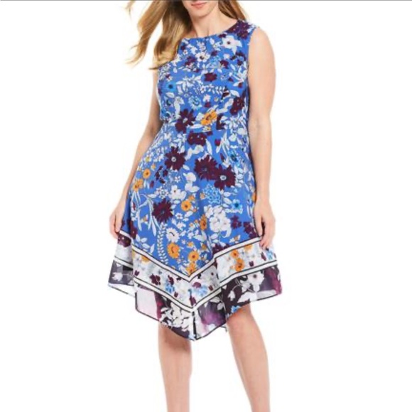 Adrianna Papell Dresses & Skirts - Adrianna Papell Blue Floral Handkerchief-Hem Dress Size 18